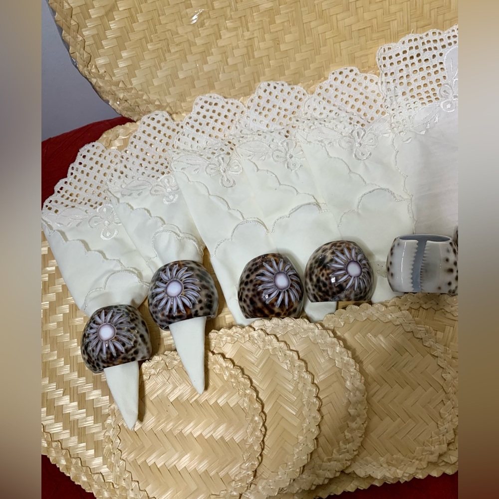 ♥️Juego de tapetes para mesa de 5,Echo a mano de palma natural y caracoles♥️#CAM